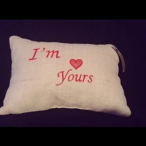 Small burlap pillow with embroidered saying